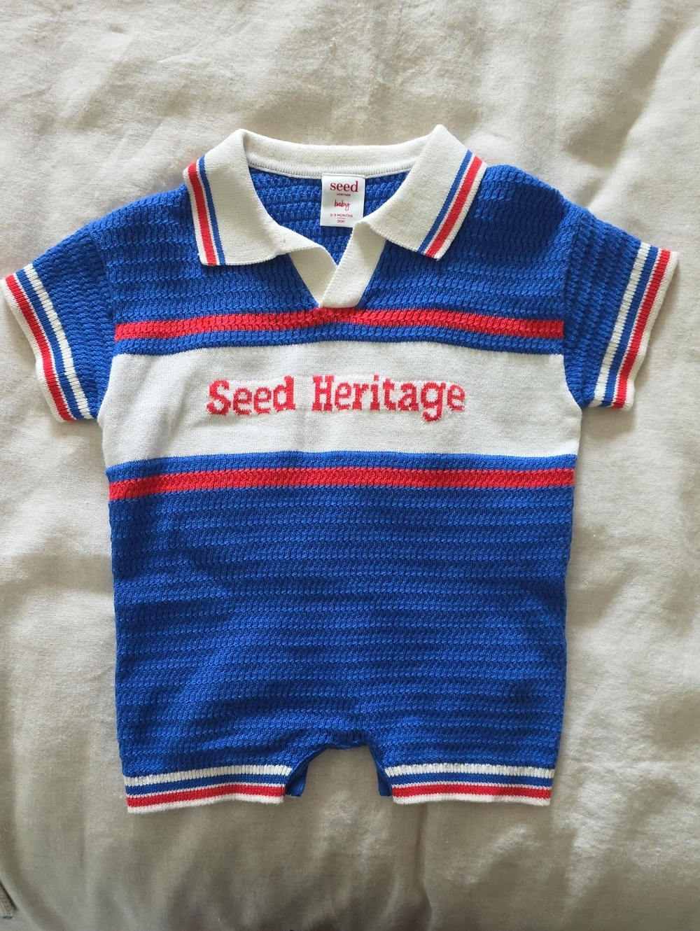 NWOT Seed Heritage Blue, White & Red Knit Baby Romper | 0-3M